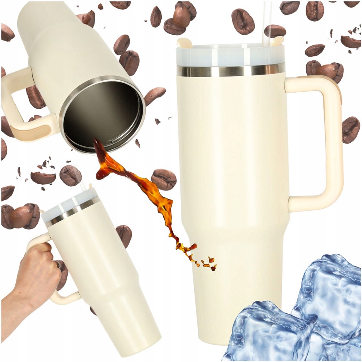 Grote Thermosbeker met Rietje - 1200 ml - Beige
