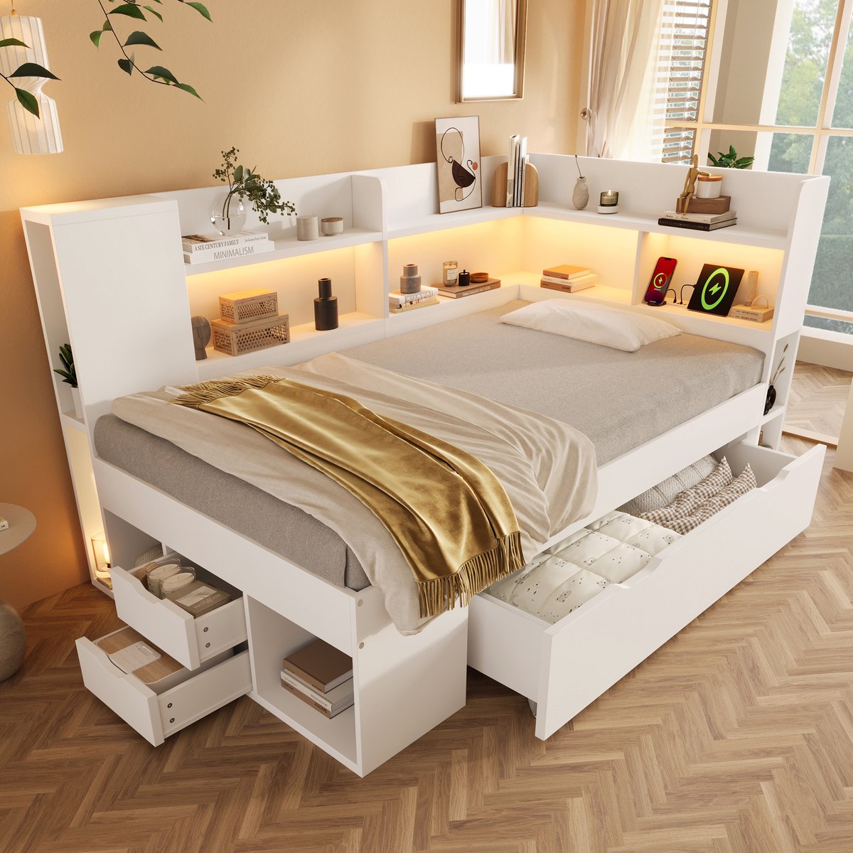 Bedbank - 90x200 Cm - Bed - Met Lattenbodem - Met Opbergruimte - LED - USB C - Wit - Zonder Matras