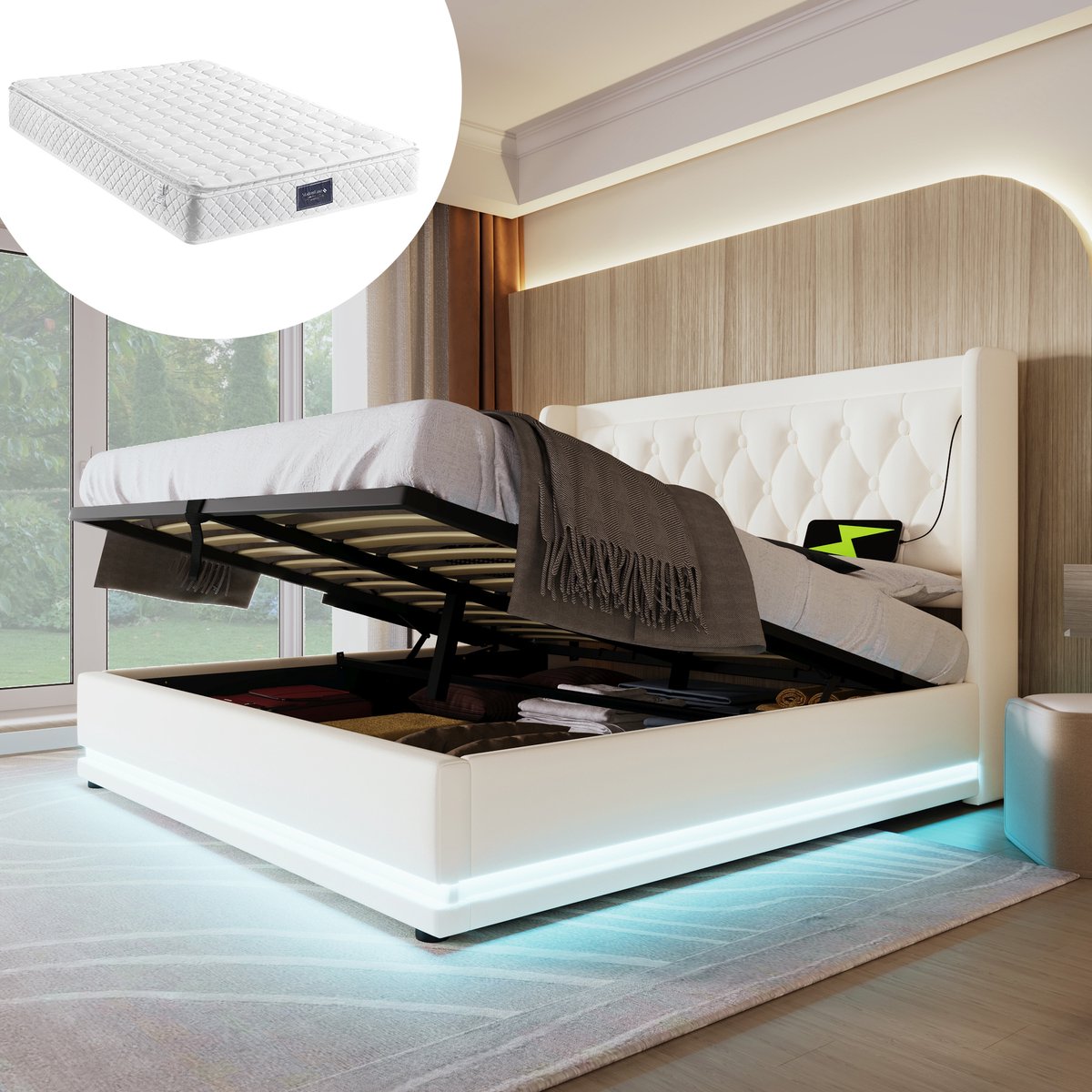 Bedframe - 140x200 Cm - Bed - Met Lattenbodem - Met Opbergruimte - LED - USB C - Wit - Met Matras