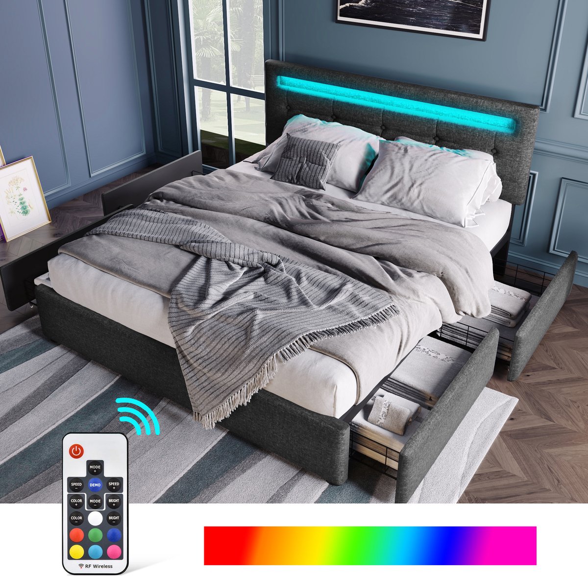 Bedframe - 140x200 Cm - Bed - Met Lattenbodem - Met Opbergruimte - LED - Grijs - Zonder Matras