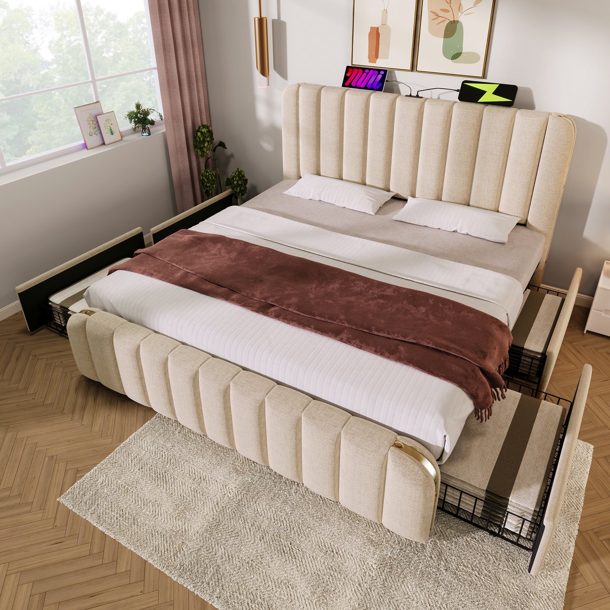 Bedframe - 180x200 Cm - Bed - Met Lattenbodem - Met Opbergruimte - USB C - Beige - Zonder Matras