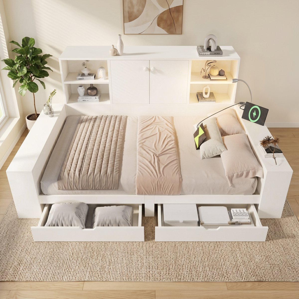 Bedbank - 140x200 Cm - Bed - Met Lattenbodem - Met Opbergruimte - USB C - Wit - Zonder Matras