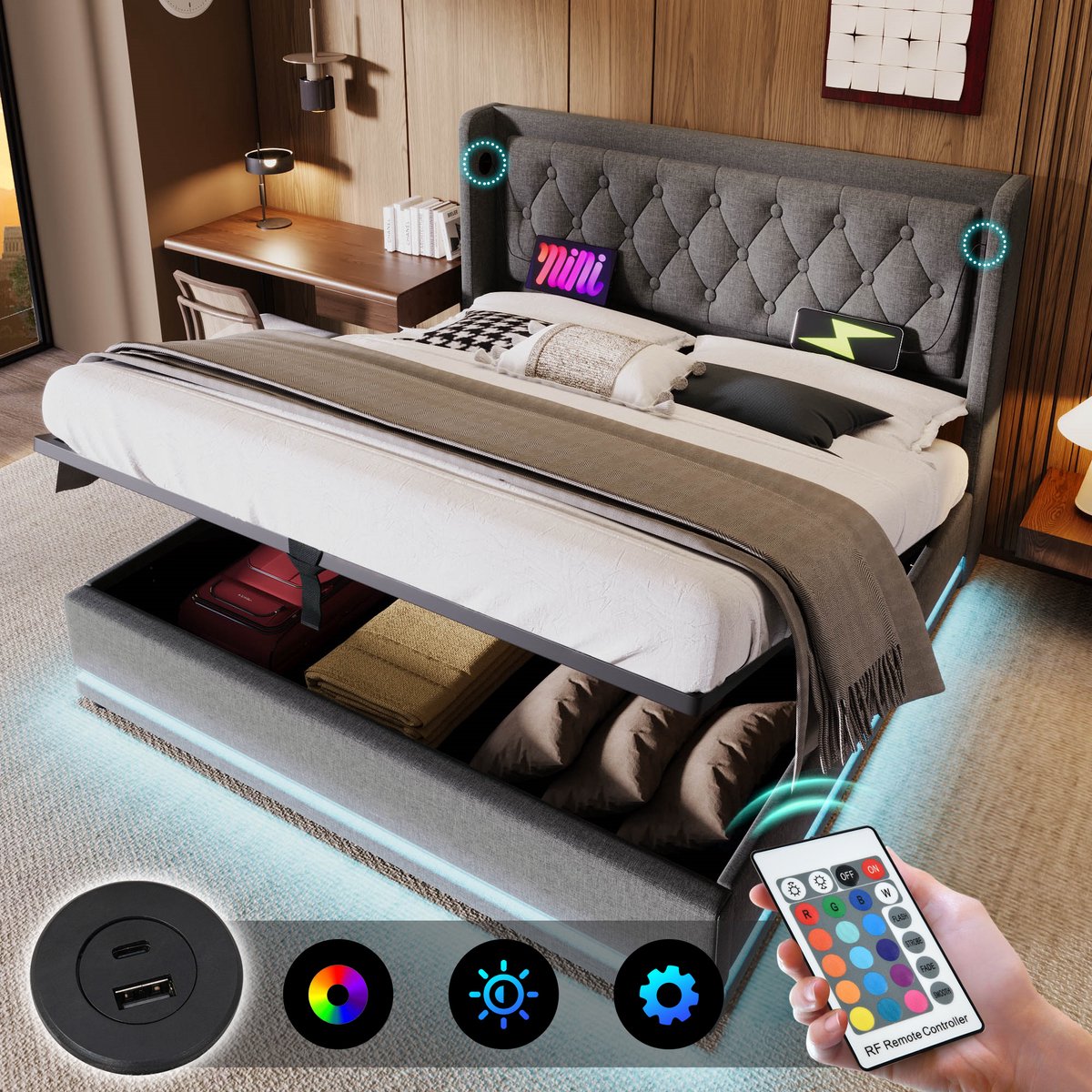Bedframe - 180x200 Cm - Bed - Met Opbergruimte - LED - USB C - Grijs - Zonder Matras