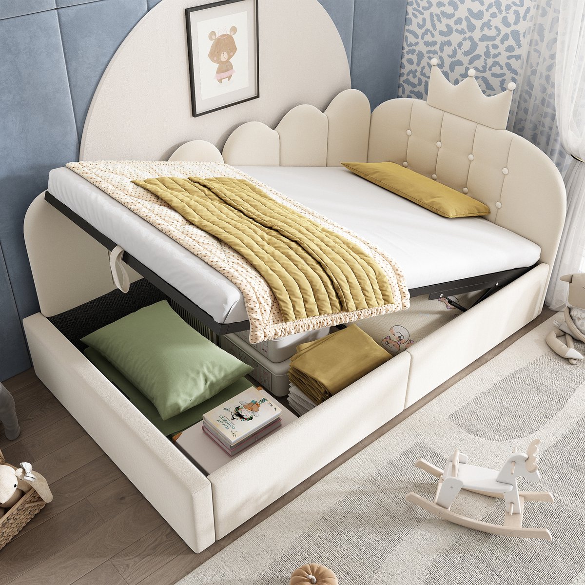 Bedbank - 90x190 Cm - Bed - Met Lattenbodem - Met Opbergruimte - Beige - Zonder Matras