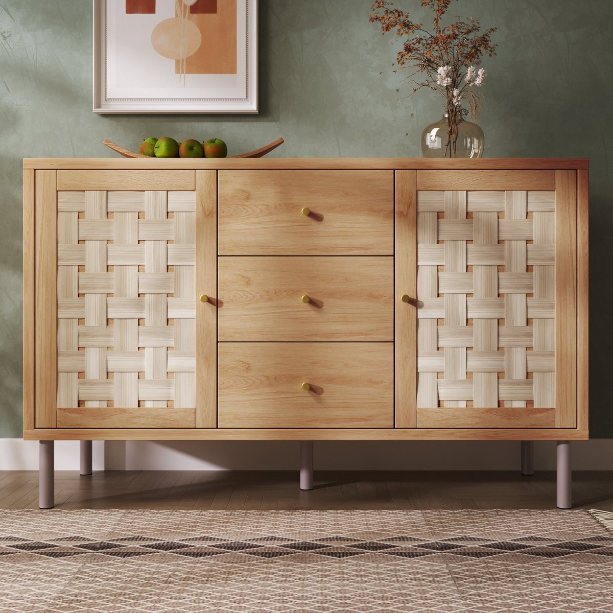 Dressoir 120x40x75 cm - Eikenlook Opbergkast Met 2 Deuren En 3 Lades, Verstelbare Legplanken En Metalen Poten