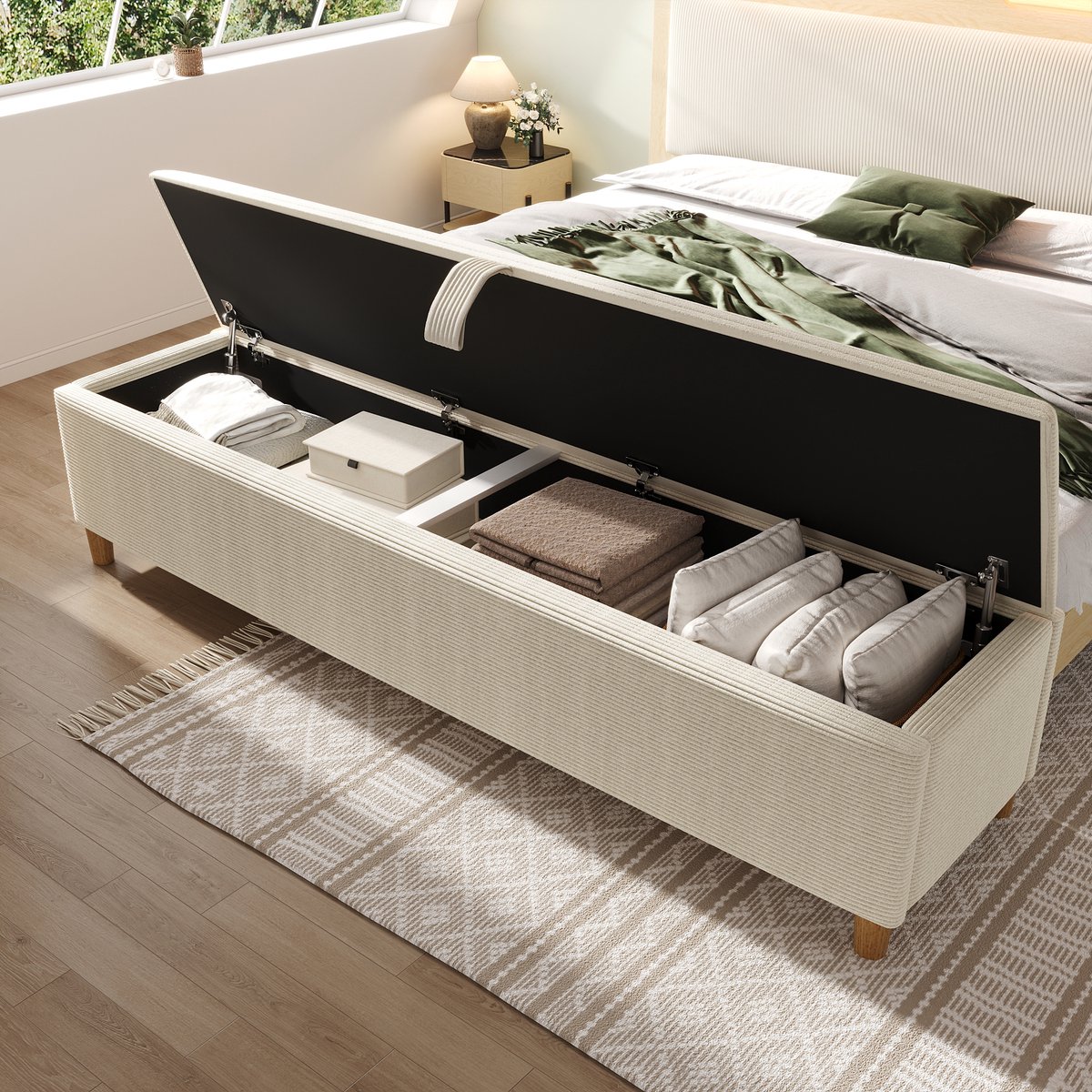Bedbank 175 cm Met Opbergruimte - Gestoffeerde Opbergbank Met Hydraulisch Opbergsysteem, Beige Ribstof En Houten Poten