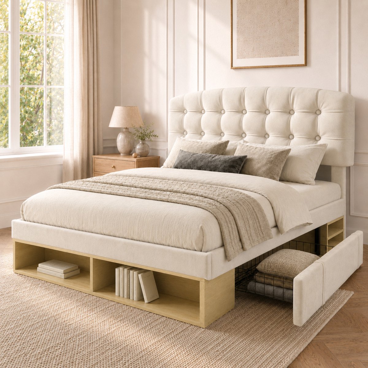 Bedframe - 140x190 Cm - Bed - Met Lattenbodem - Met Opbergruimte - Beige - Zonder Matras