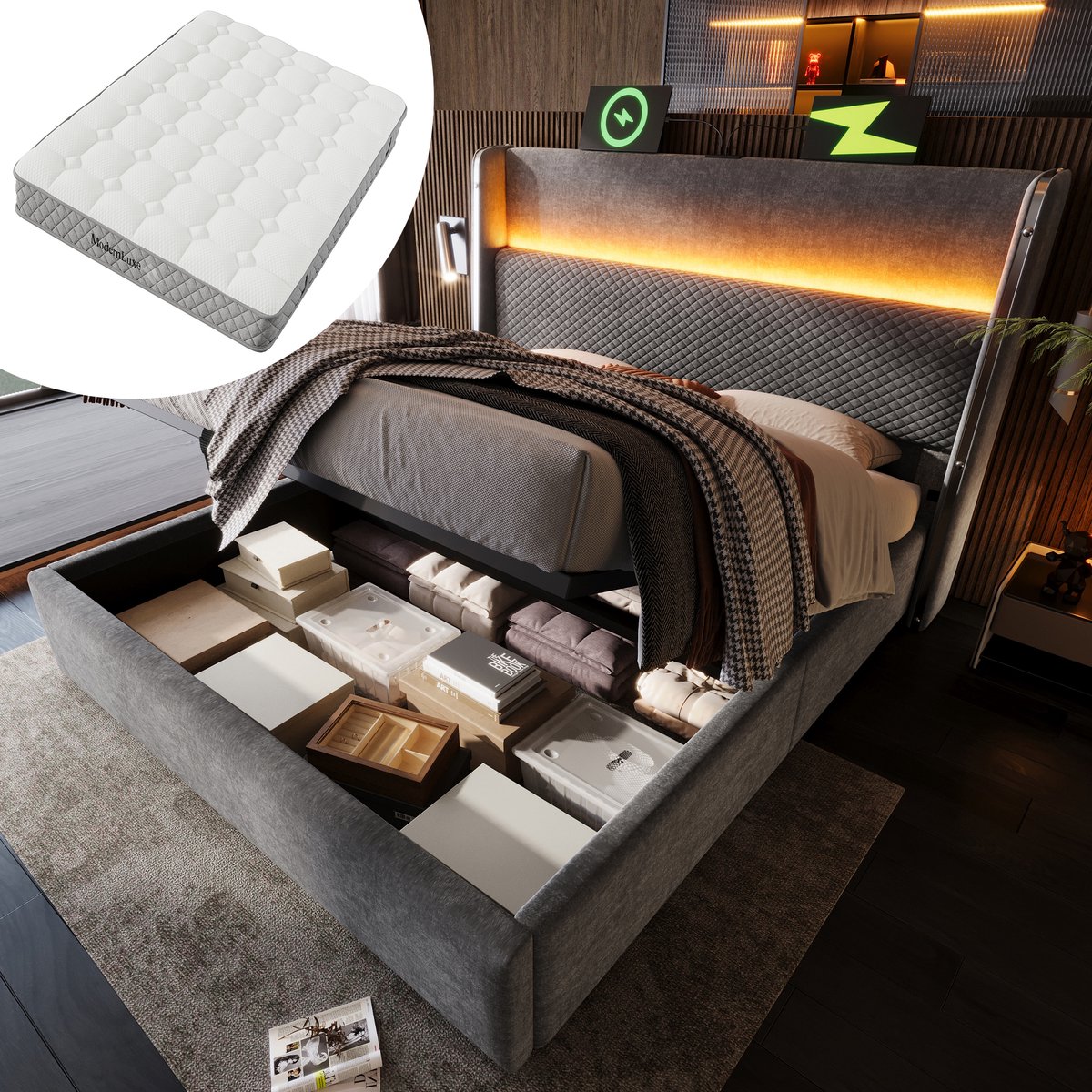 Bedframe - 160x200 Cm - Bed - Met Lattenbodem - Met Opbergruimte - LED - USB C - Grijs - Met Matras