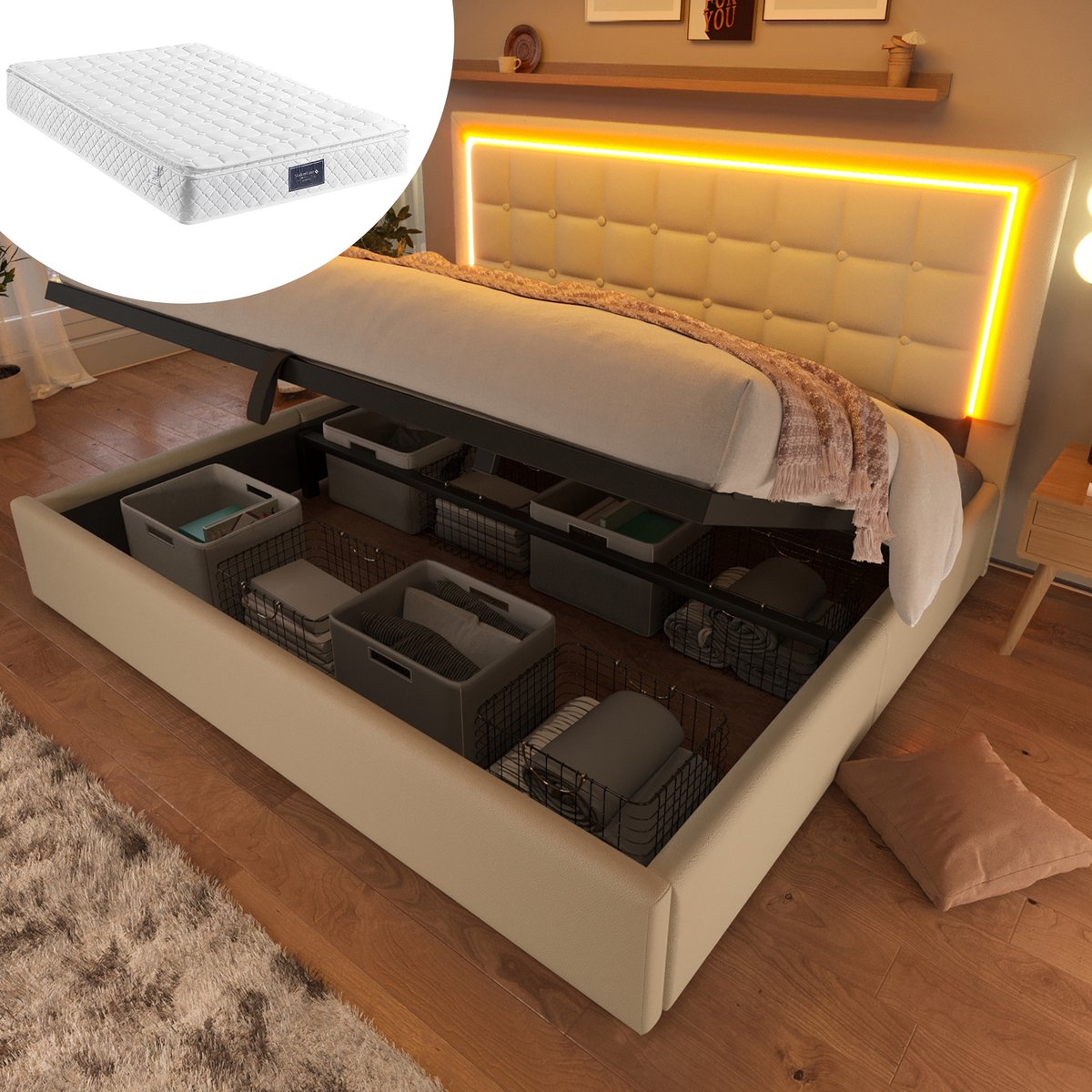 Bedframe - 160x200 Cm - Bed - Met Lattenbodem - Met Opbergruimte - LED - Wit - Met Matras