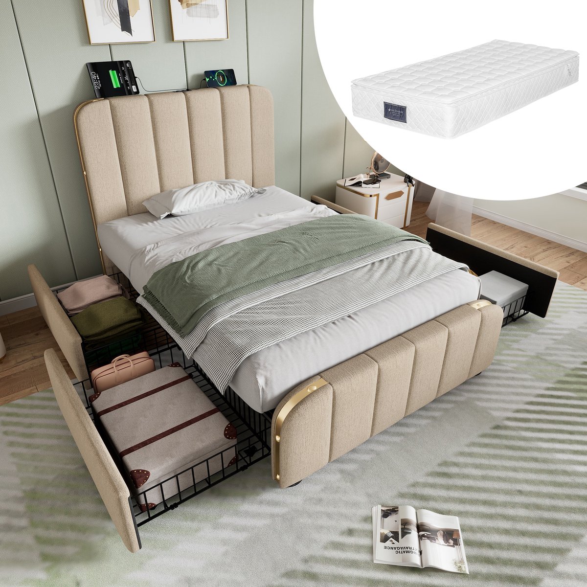 Bedframe - 90x200 Cm - Bed - Met Lattenbodem - Met Opbergruimte - USB C - Beige - Met Matras
