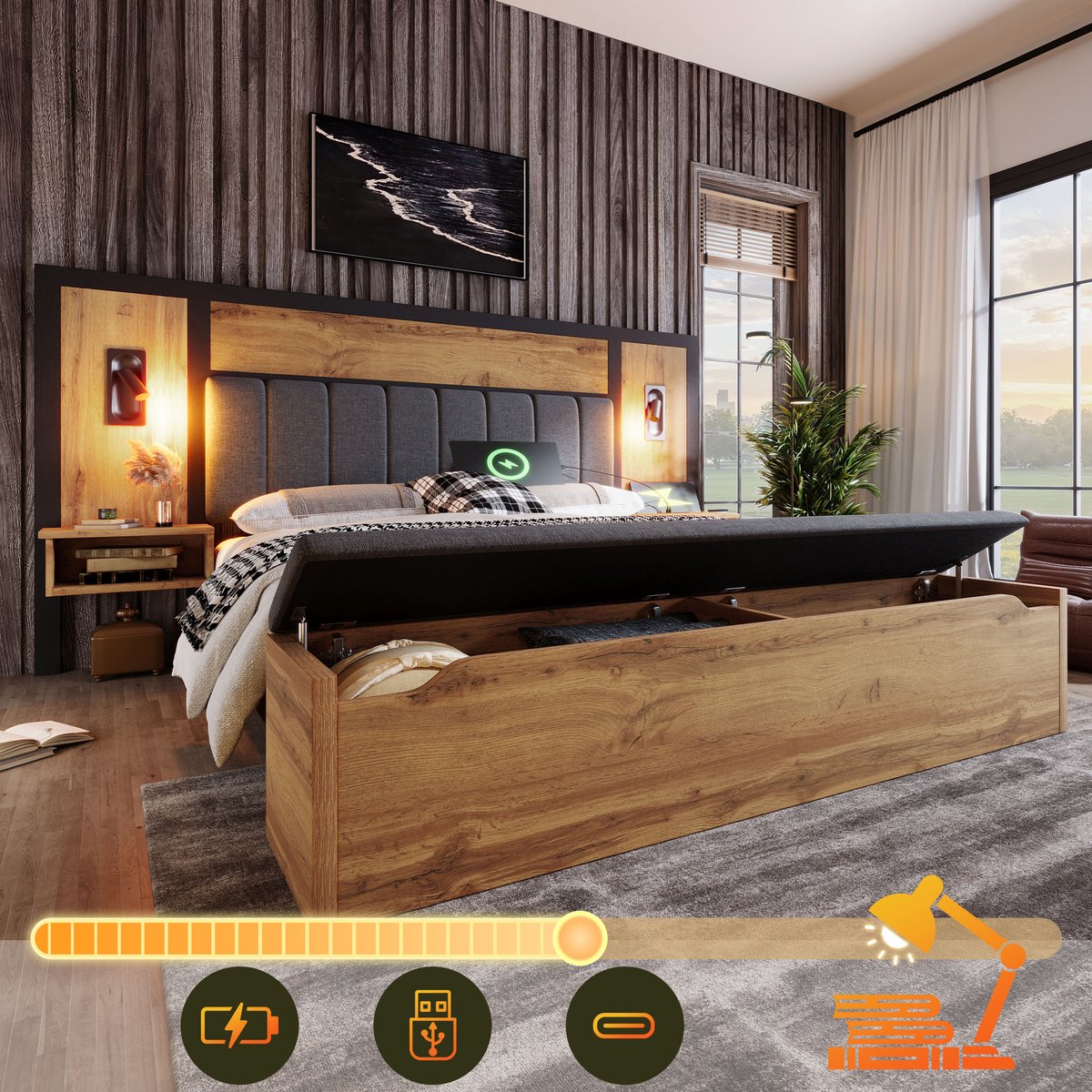 Bedframe - 180x200 Cm - Bed - Met Opbergruimte - LED - USB C - Eiken - Zonder Matras