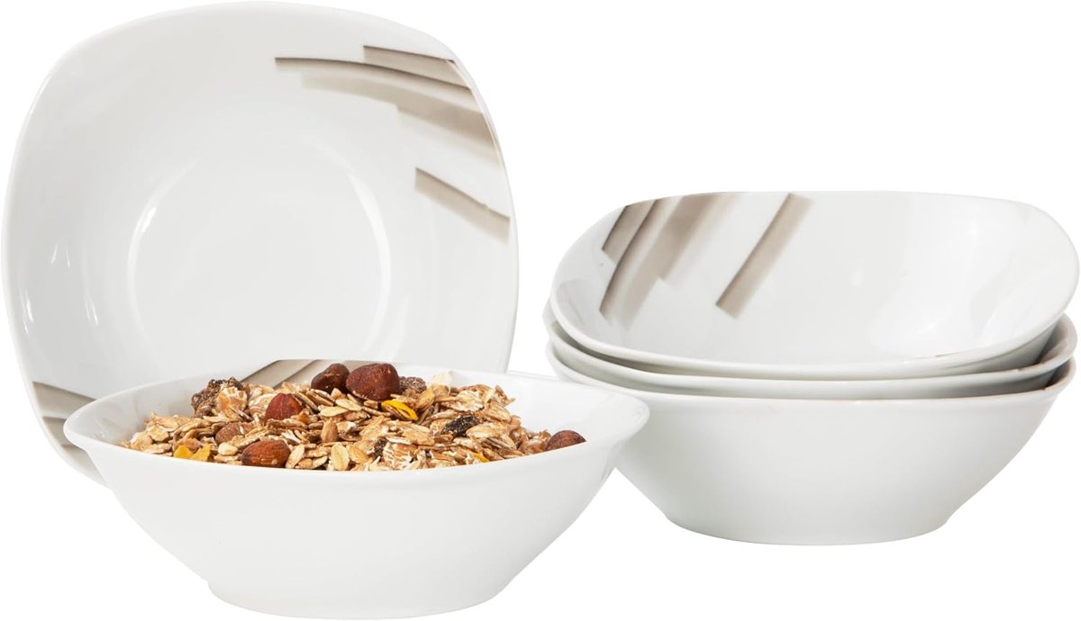 Well Set van 6 mueslikommen Nevada, 250 ml, 140 x 140 mm, soepkom, serveerschaal, porseleinen servies, abstract decor, strepen, horeca, slakom