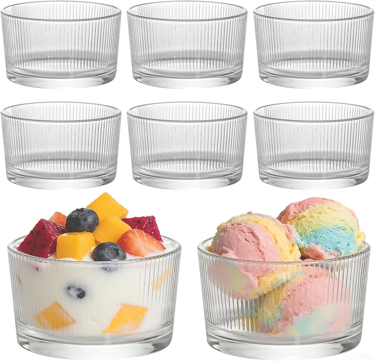 Set van 8 dessertglazen van glas, 200 ml, kleine dessertkommen voor tiramisu, pudding, ijsbekers, yoghurt – transparant met verticale strepen