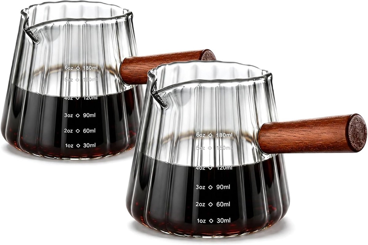 Maatbekers glas: glas zwarte strepen maatbeker glas met houten handvat, dubbele uitloop espressokopjes met houten handvat voor keuken en koffiehuis