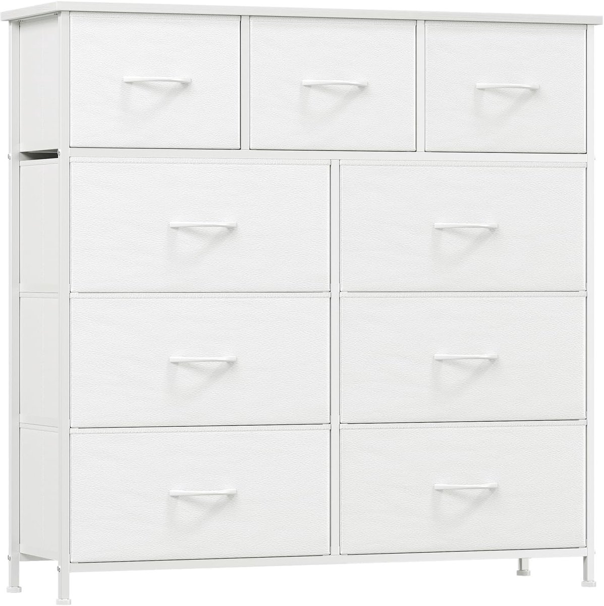 Ladekast, dressoir met stalen frame en stoffen laden, commode, opbergkast voor slaapkamer, woonkamer, Wit, 30D x 100B x 99H (9 laden) | 30D×100W×99H, Hoge Stoffen Opslagladen, voor Woonkamer en Kast, Houten Bovenkant, Metalen Frame