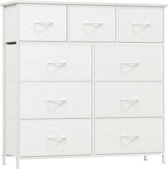 Ladekast, dressoir met stalen frame en stoffen laden, commode, opbergkast voor slaapkamer, woonkamer, Wit, 30D x 100B x 99H (9 laden) | 30D×100W×99H, Hoge Stoffen Opslagladen, voor Woonkamer en Kast, Houten Bovenkant, Metalen Frame