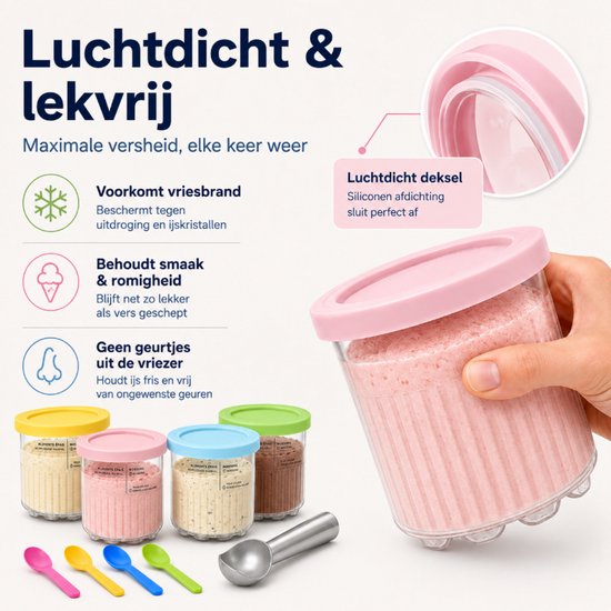Set van 4 Ijsbekers Geschikt voor Ninja Creami - Herbruikbare Ijscontainers met Deksels en Lepels - Compatibel met NC300, NC301 & NC299AMZ Serie - 0.71L - BPA-Vrij - ijsschep inbegrepen — afbeelding 4