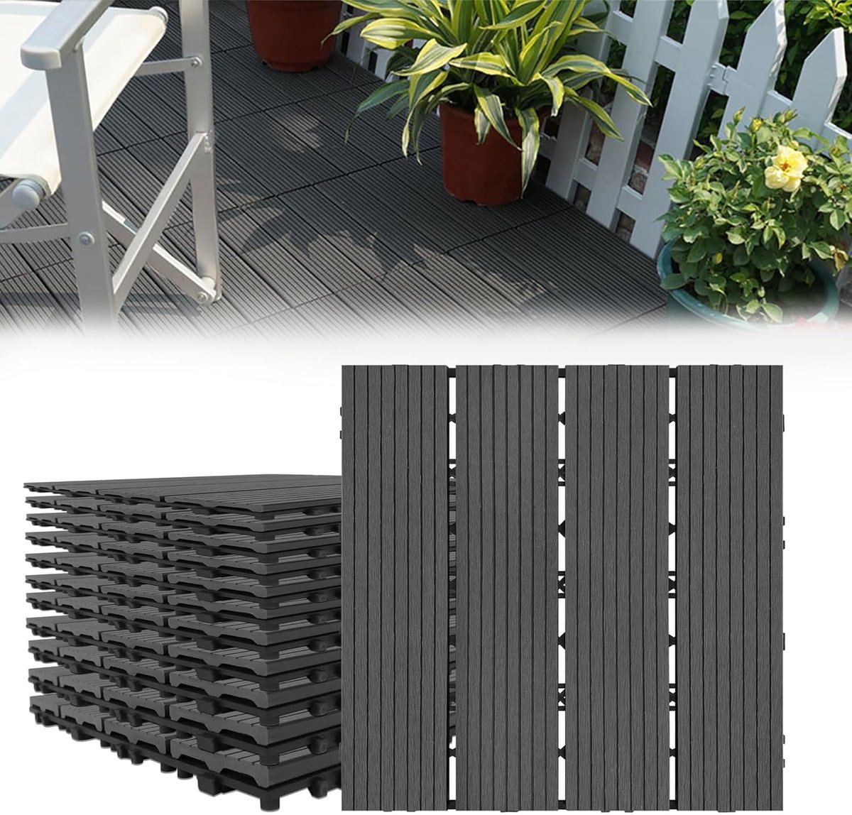 11 stuks antraciet WPC vloertegels terrastegels balkontegels vloerbedekking met kliksysteem en drainage, kunststof tegeltegels voor terrassen balkon tuin afmeting 30x30cm ca. totaal 1m²
