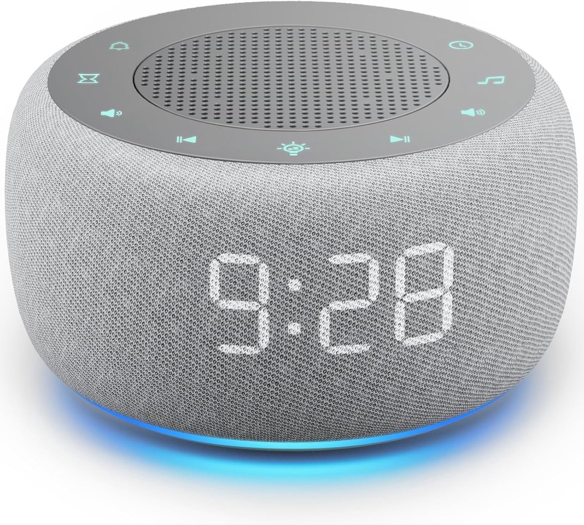 Wekker met geluidsmachine voor slaapkamer, 2-in-1 White Noise machine om te slapen, zacht wakker worden met stille alarmtonen, sfeervol nachtlampje, netvoeding