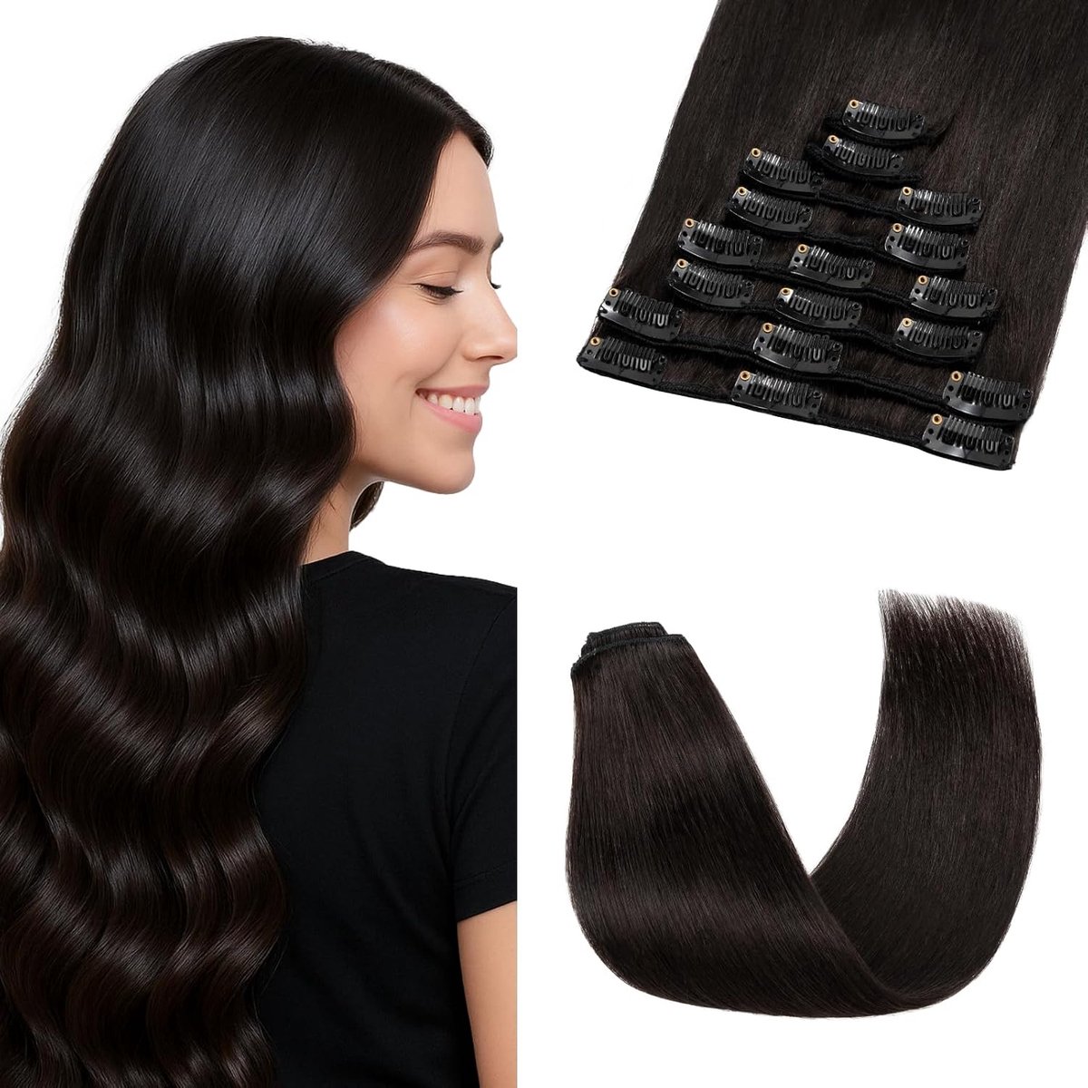 Extensions echt haar 100% Remy menselijk haar Natuurlijk zwart, 30 cm 8 stuks haarverlenging onzichtbaar steil natuurlijk #1B - 55g