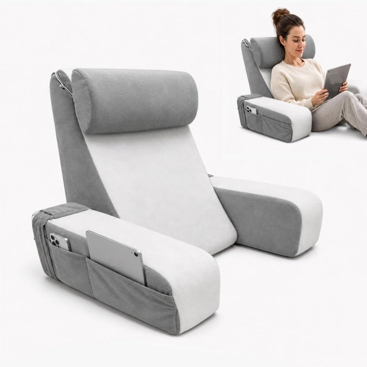 Leeskussen met nekkussen en armleuning, grijs/wit, pluche stof, zijzakken, ergonomische rugsteun, leeskussen, voor lezen en ontspannen, multifunctioneel wigkussen
