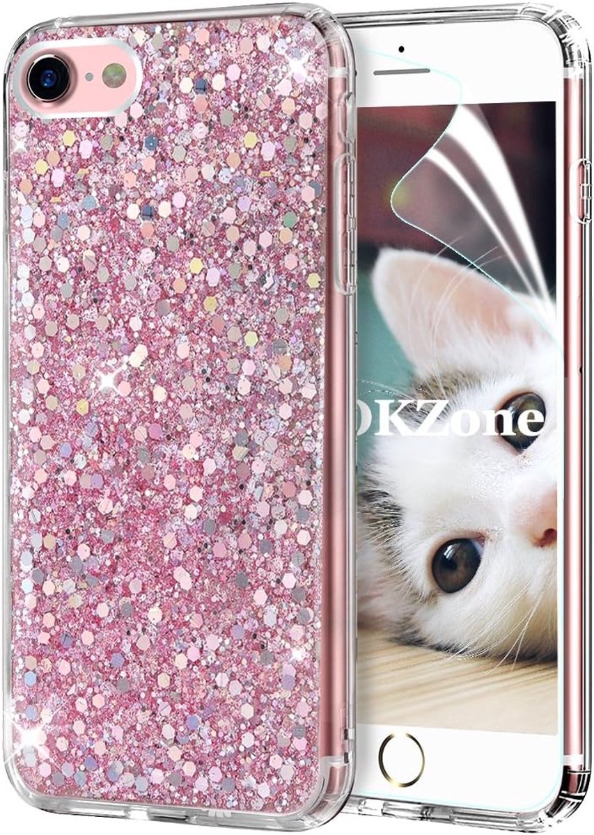 Beschermhoes voor iPhone SE (2020) [met HD-displaybeschermfolie], zachte siliconen hoes, glanzend, glinsterend, glitter, TPU-bumper, beschermhoes voor iPhone SE (2020) (4,7 inch) (roze)