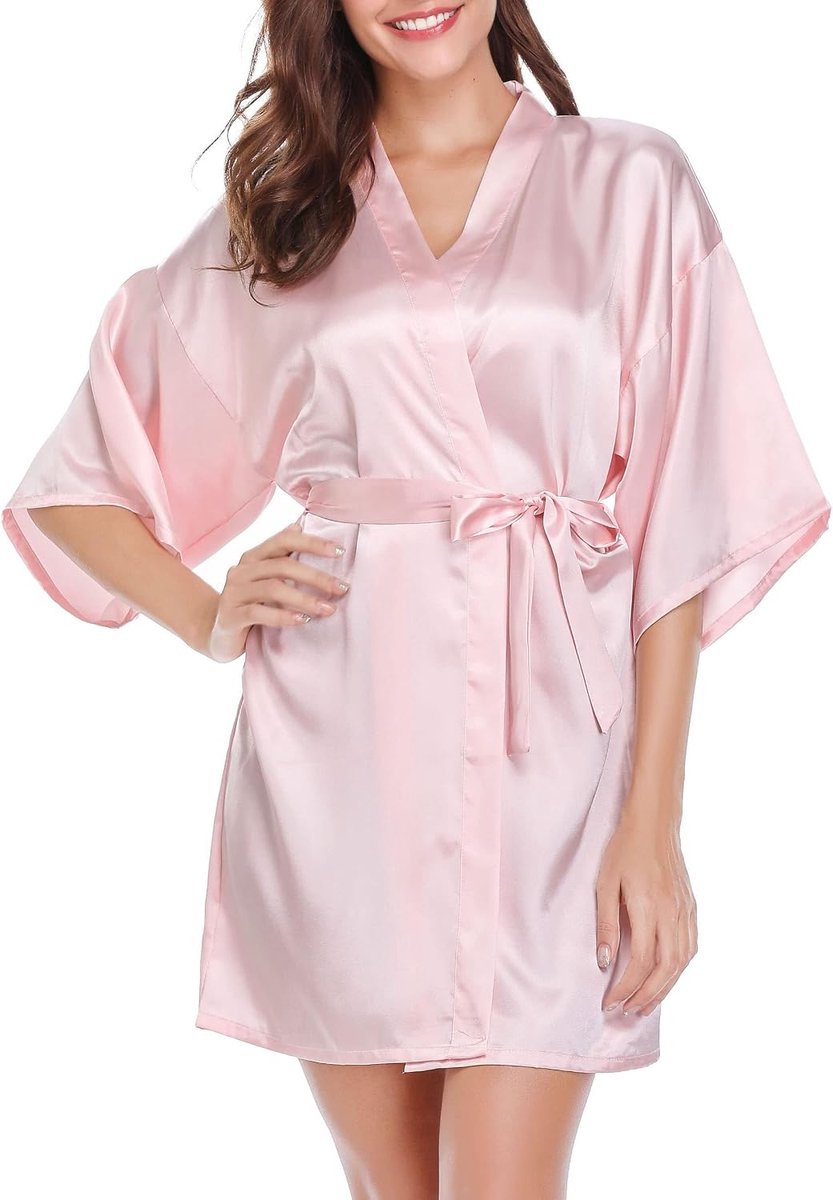 Dames Ochtendjas Kimono Satijn Robe Korte Nachtkleding V-hals Badjas met Riem