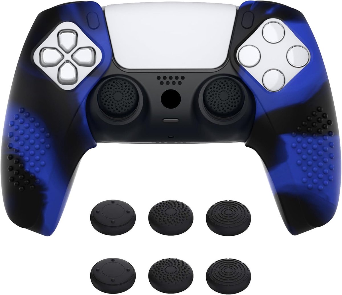 Beschermhoes voor ps5,Ergonomic Soft Protective Case voor ps5,Antislip Zachte Siliconen Skins Cover met Duim Grip Caps voor ps5 Compatibel met Laadstation-Blauw & Zwart(3D Studded Editie)