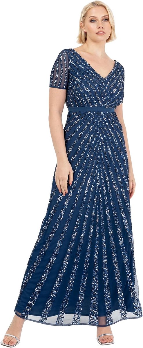 Deluxe Dames Maxi dames verfraaid pailletten lange korte mouw V-hals hoge imperium taille gesneden glanzende prom bruiloft bruidsmeisje jurk Franse marine maat 10, Franse marine, 36