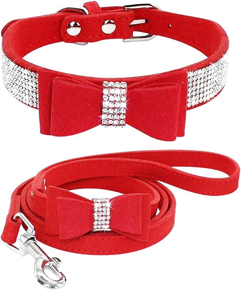 Hondenhalsband met riem, set huisdierhalsbanden en linnen, verstelbare hondenkat, strik, kristal, hondenhalsband voor kleine honden, middelgrote honden