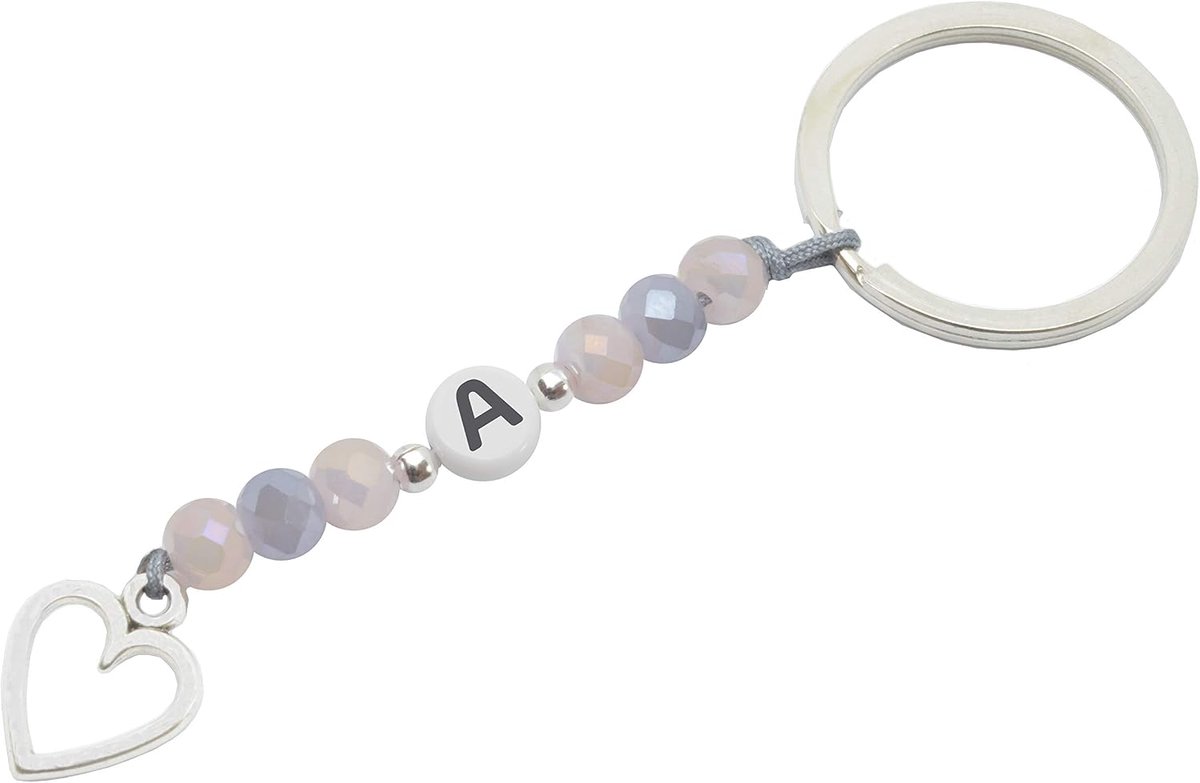 Sleutelhanger met letters, parels en harthanger in zilver handgemaakt - incl. geschenkverpakking, A, 7,5 cm
