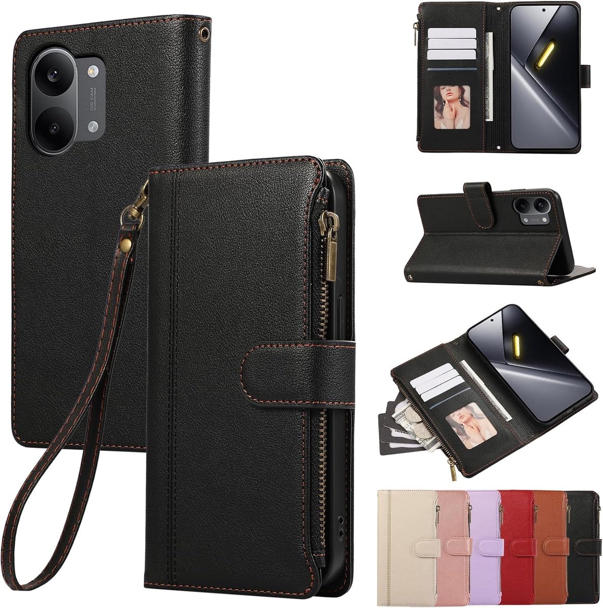 Hoesje voor Xiaomi Poco X8 Pro Max 5G 6,83" lederen hoesje met rits en magnetische sluiting, portemonneehoes met 4 kaartsleuven en standfunctie, retro cover voor Poco X8 Pro Max, zwart