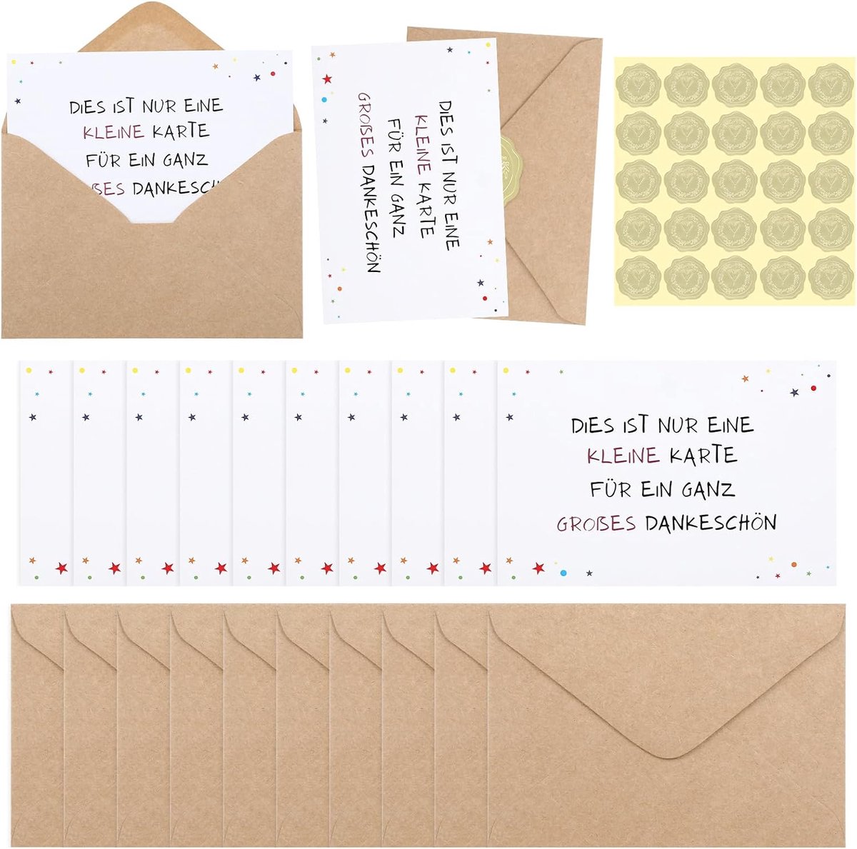 10 stuks bedankkaarten met 10 enveloppen van kraftpapier en 25 gouden zegelstickers, bedankkaarten met envelop, bedankkaart voor familie, leraren enz., vrienden, collega's (15 x 10 cm)