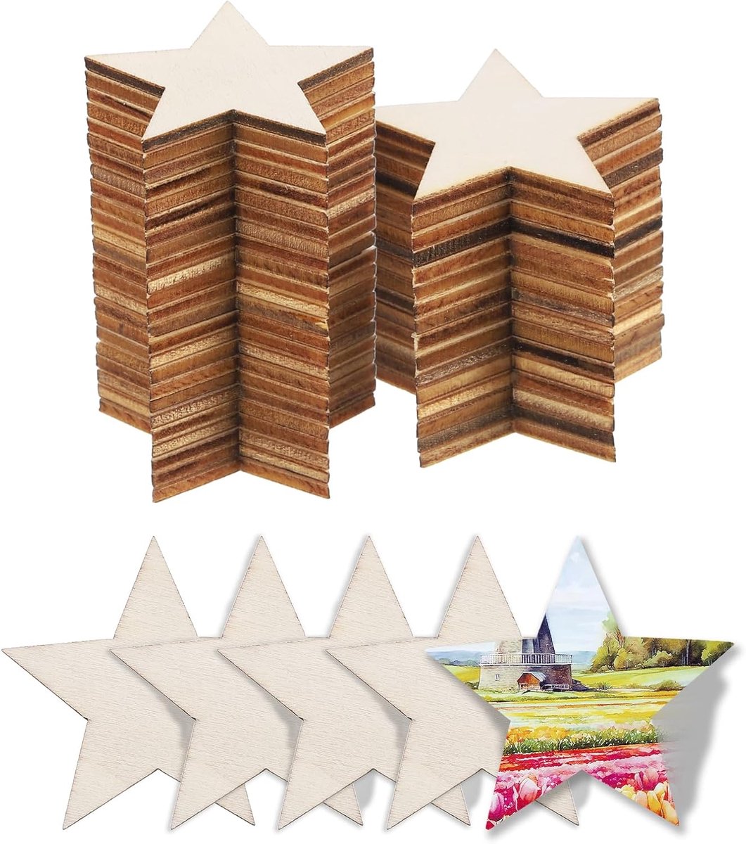 Hout om te knutselen, 50 stuks, 4 cm, pentagram, houten schijven, decoratie om te beschilderen, voor bruiloft, doe-het-zelf knutselen, brandschilderen, cadeau, kerstversiering