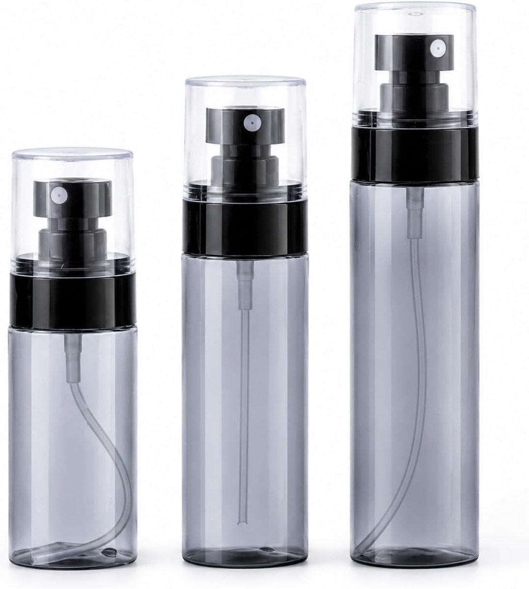 3 stuks herbruikbare spuitflessen in verschillende maten, mini-spuitflessen voor parfum en reinigingsmiddelen (60, 80, 100 ml) (transparant zwart)