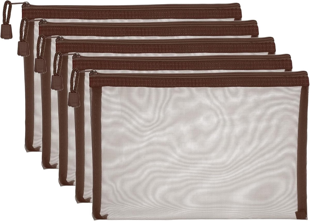 A5 Mesh Rits Pouch Tassen, 5 STKS Mesh Zakken met Rits Plastic Opbergzak voor het Organiseren van Bestandskralen Kantoor Huisbenodigdheden, 18x25cm, Bruin