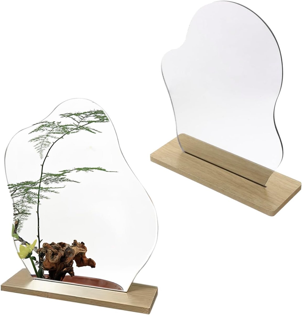 2 stuks kleine spiegels, onregelmatige vorm, kleine spiegel, frameloze acryl make-upspiegel, klein, met houten sokkel, staande spiegel, tafel, voor slaapkamer, hotels