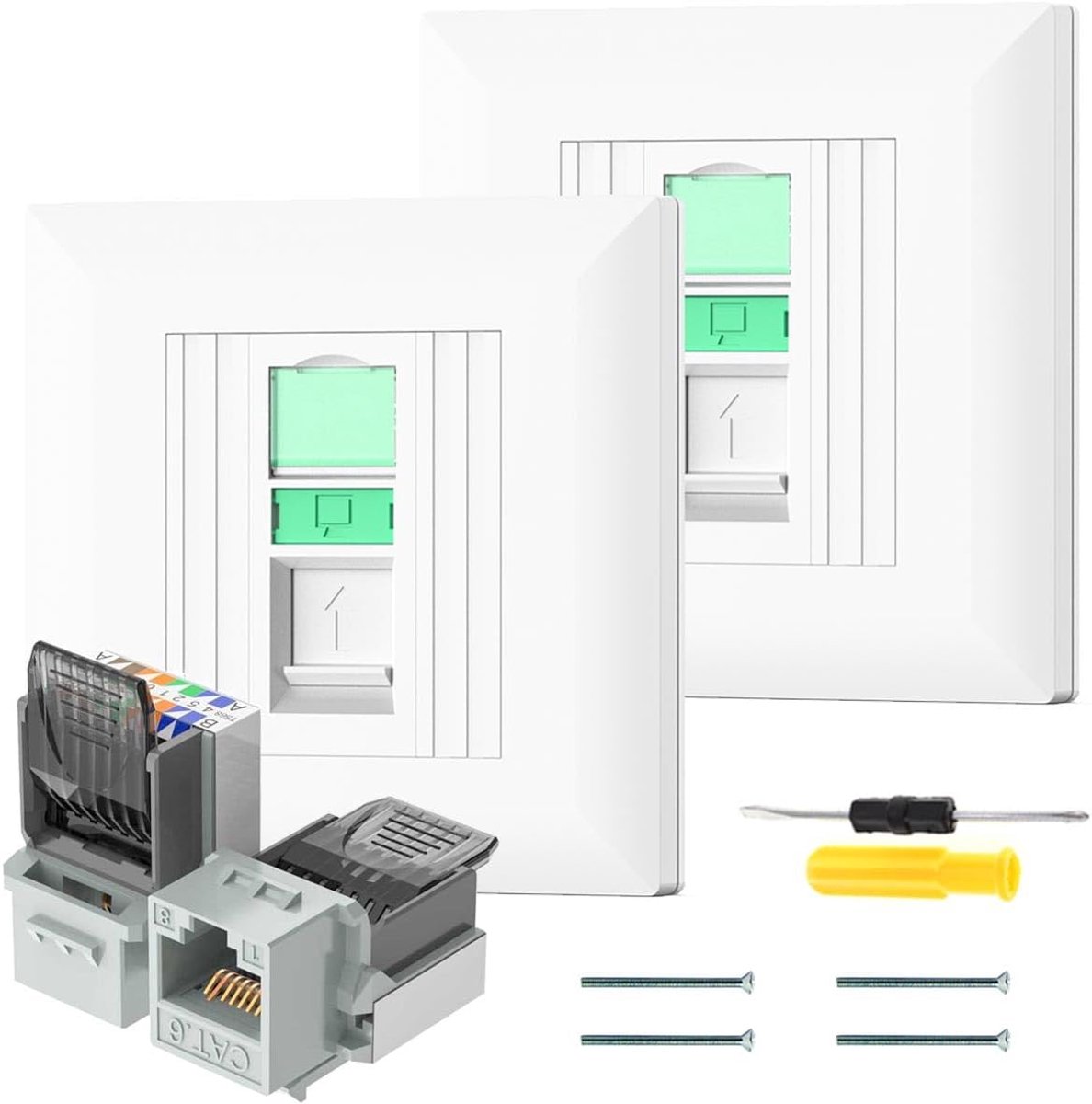 1-poorts CAT 6 netwerkdoos met gereedschapsloze keystone-aansluiting, 10 GBit/s, inbouwnetwerkdoos, RJ45-aansluiting, data-doos, LAN-doos, ethernet, netwerk, LAN-doos, wit
