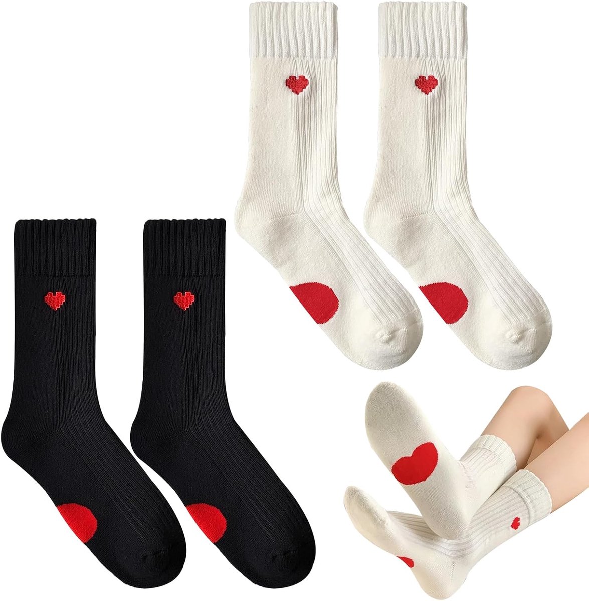 Sokken voor dames, 2 paar schattige grappige sokken voor dames, ademende katoenen sokken voor vrouwen met borduurwerk, liefde hartpatroon, herfst, winter, comfortabele sokken voor casual wandelen