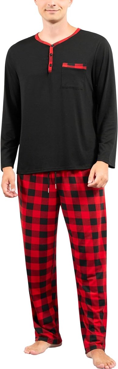 Pyjama Heren Katoen Set Pyjama Tops T-shirt Lange Mouwen Ronde Hals met Knopen Huiskleding Plaid Plaid Nachtkleding Grote Maat Zacht Comfortabel M-4XL
