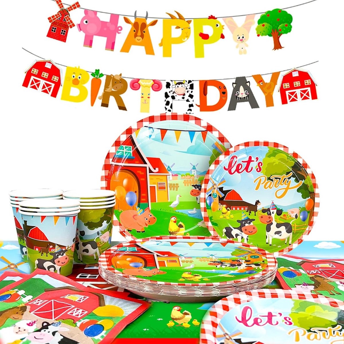 16 gasten, boerderij, feestservies, kinderverjaardag, decoratie, boerderijdieren, verjaardag, servies, dieren, papieren borden, bekers, servetten