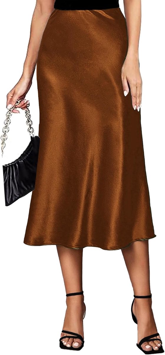 Rok voor dames, met elastische taille, hoge taille, elegant, zijde, maxi, zomer, zakelijke midi-rok