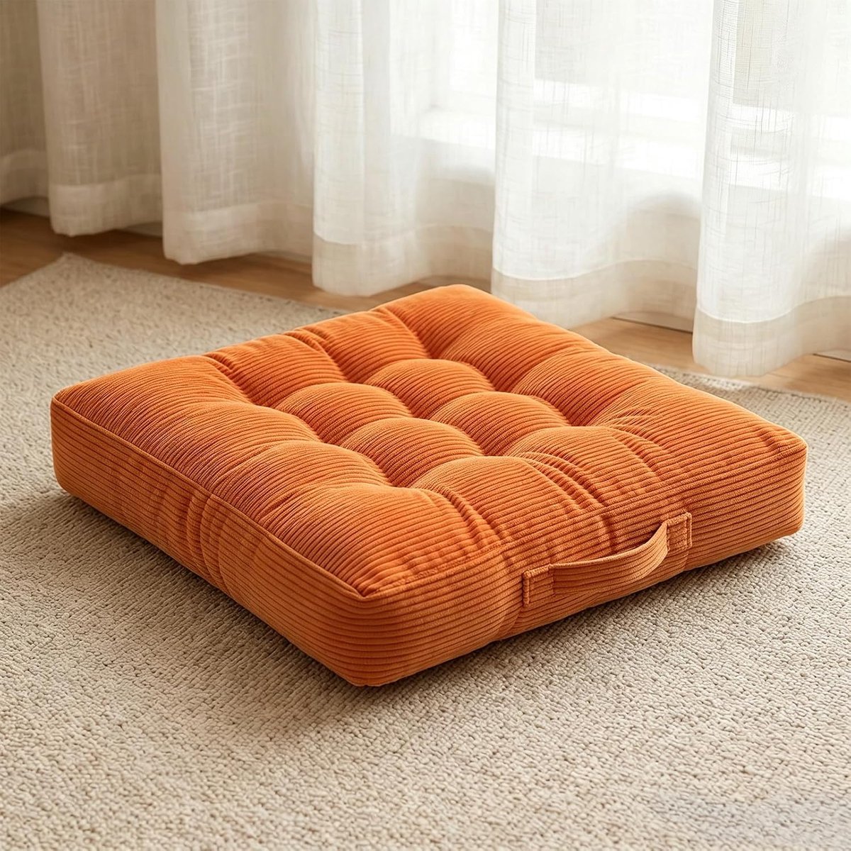 Stoelkussen, 45 x 45 cm, dik matraskussen, 8 cm, vierkant, corduroy, stoelkussen, voor binnen en buiten, zitkussen, vloer, draaggreep, extra dikke zitkussens, oranje