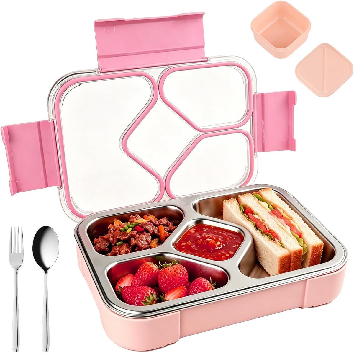 Broodtrommel voor kinderen, 1020 ml, metalen bento-lunchbox met 4 vakken, lekvrije broodtrommel voor kleuterschool, kleuterschool, school, sandwichbox, lunchbox, lunchbox, broodtrommel