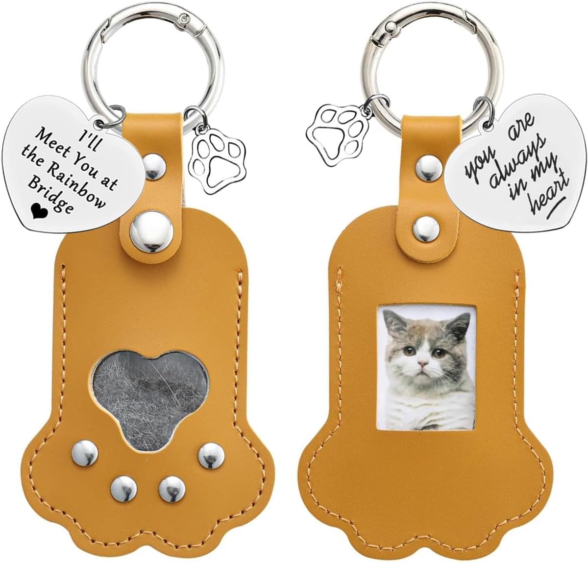 Set van 2 pootafdruk-sleutelhangers, tashanger, huisdierherinnering, foto en haaropbergtas, handgemaakt van volnerfleer, emotioneel herdenkingscadeau voor honden en katten, geel