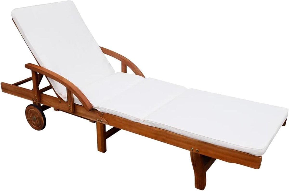 Homelen Zonneligstoel, acaciahout, massief hout met verstelbare rugleuning en voetensteun, crèmewit gevoerd, 200 x 68 cm, voor tuin, terras, zwembad