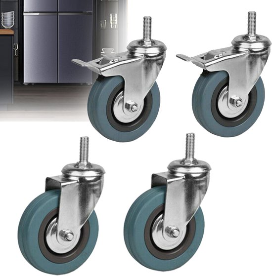 Set van vier grijze rubberen zwenkwielen met metalen beugel en M12 schroefdraad. Twee hebben een rem. Op de achtergrond een keuken.