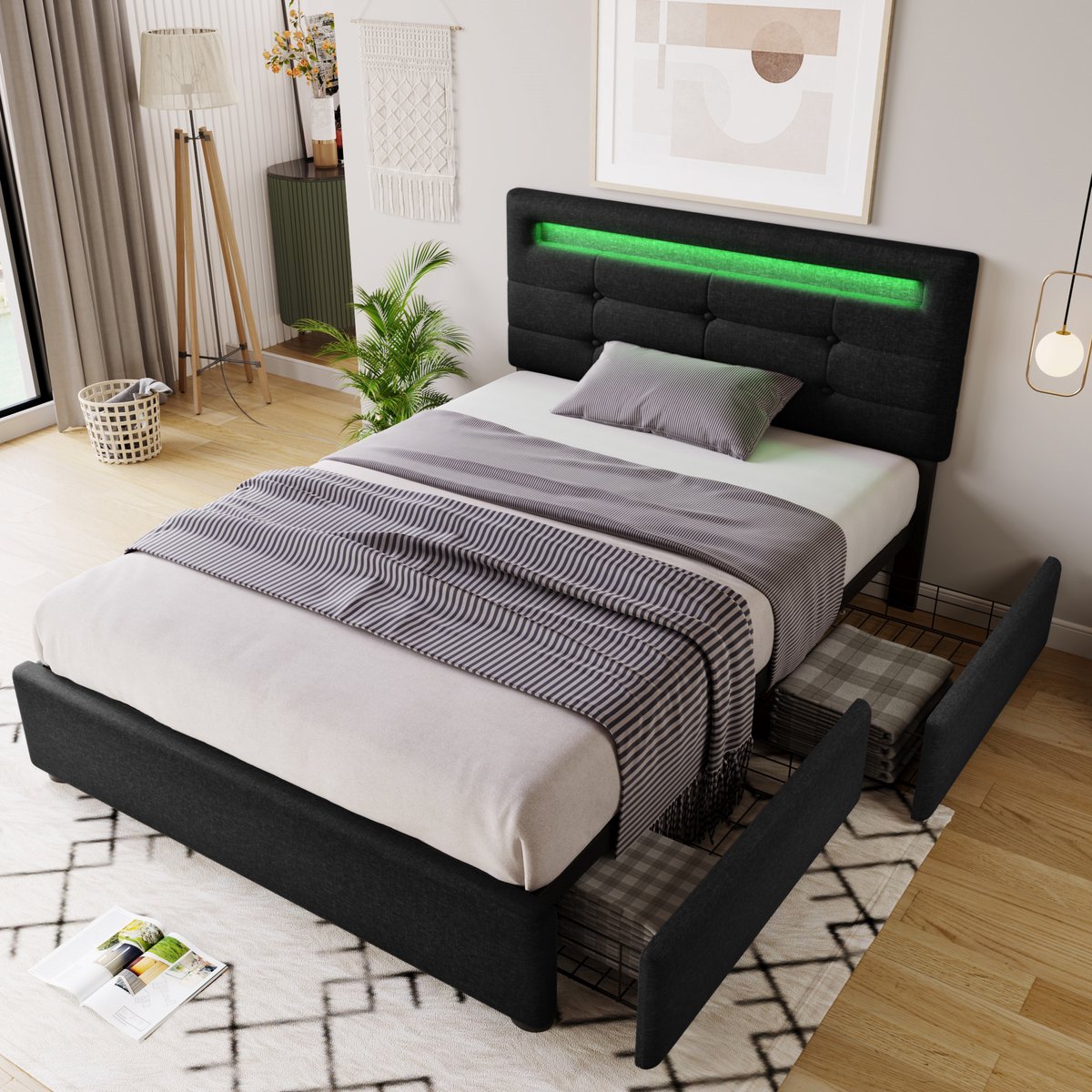 Gestoffeerd bedframe - voor matras 90 x 200 cm - zwart - met LED-verlichting en lattenbodem - matras niet inbegrepen - voor de slaapkamer