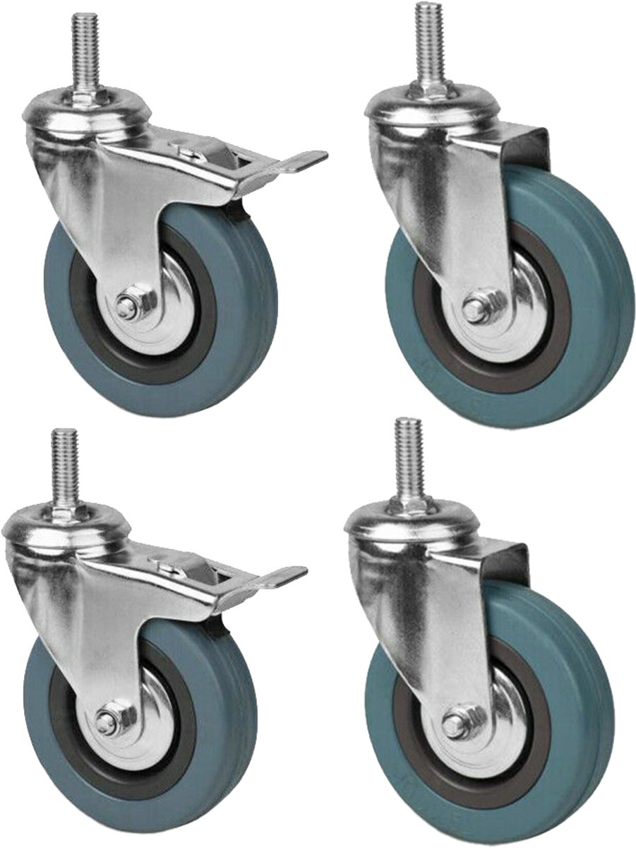 Wielen - Met schroefdraad - Zwenkwielen - Meubelwielen - Grijze rubberen wielen - Hoog draagvermogen - Rubberen materiaal - M12 * 30 mm lengte - Inclusief 2 schroefwielen + 2 schroefwielen met rem - Set van 4