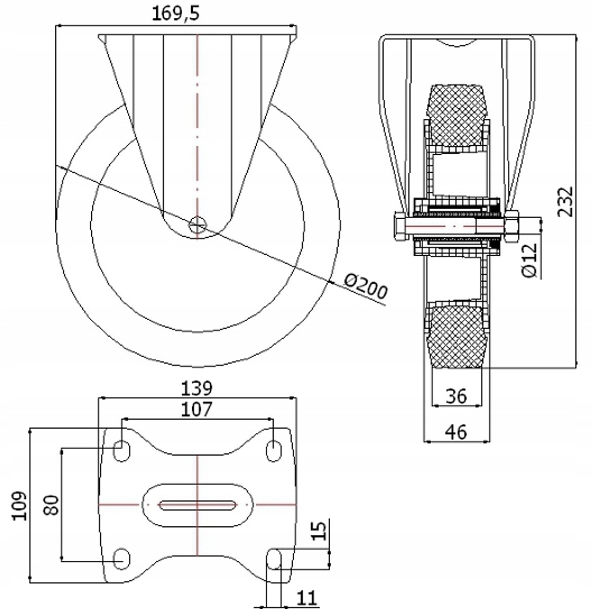 Zwaar 200mm Kunststof-Rubberen Wiel met Vaste Behuizing (130kg)